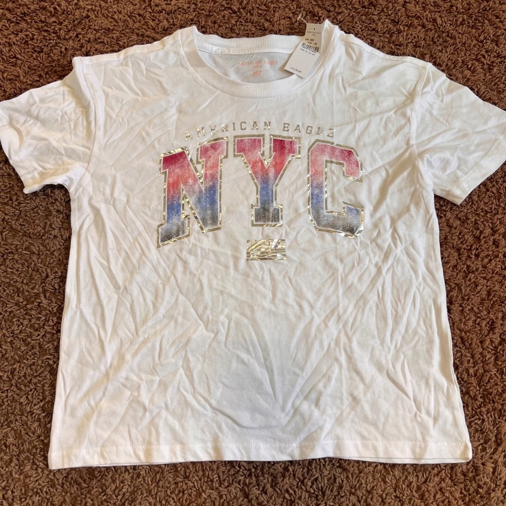 American Eagle Kids NYC Graphic T-Shirt White Metallic Foil Red Blue Size 16 14Y